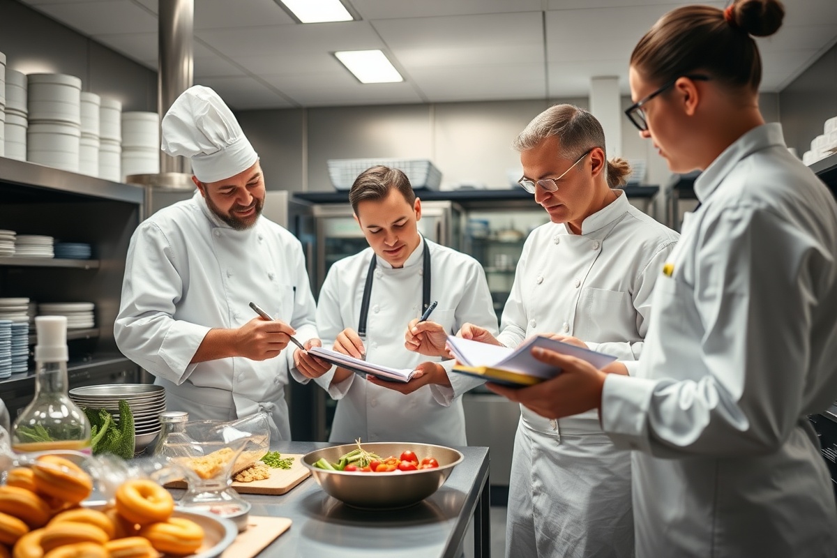 Food product development team collaborating in professional kitchen, testing recipes and reviewing samples