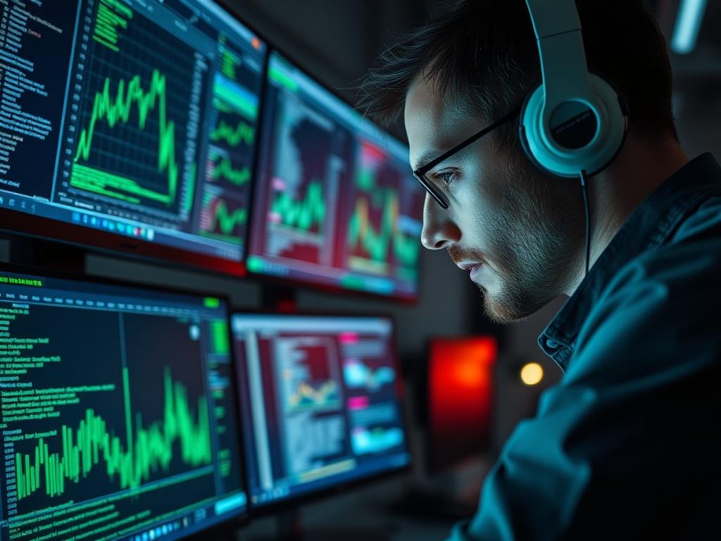 A close up shot of a focused cybersecurity professional analyzing