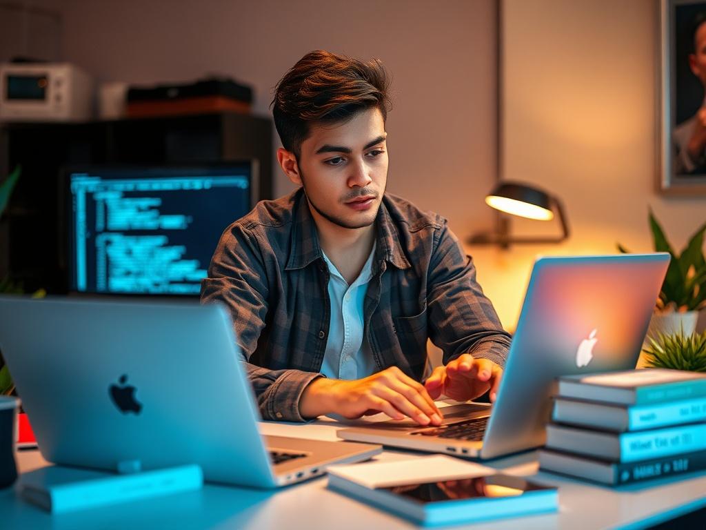 **AI Image Generation Prompt:**

Create a highly detailed, realistic high-resolution photo that reflects the theme of "Mastering Penetration Testing." The image should feature a single subject: a young cybersecurity expert, focused and determined, intently working on a laptop. The subject should have a confident expression, dressed casually in smart attire, emphasizing professionalism in the vibrant field of cybersecurity.

In the background, incorporate an indoor setting resembling a modern workspace, feat