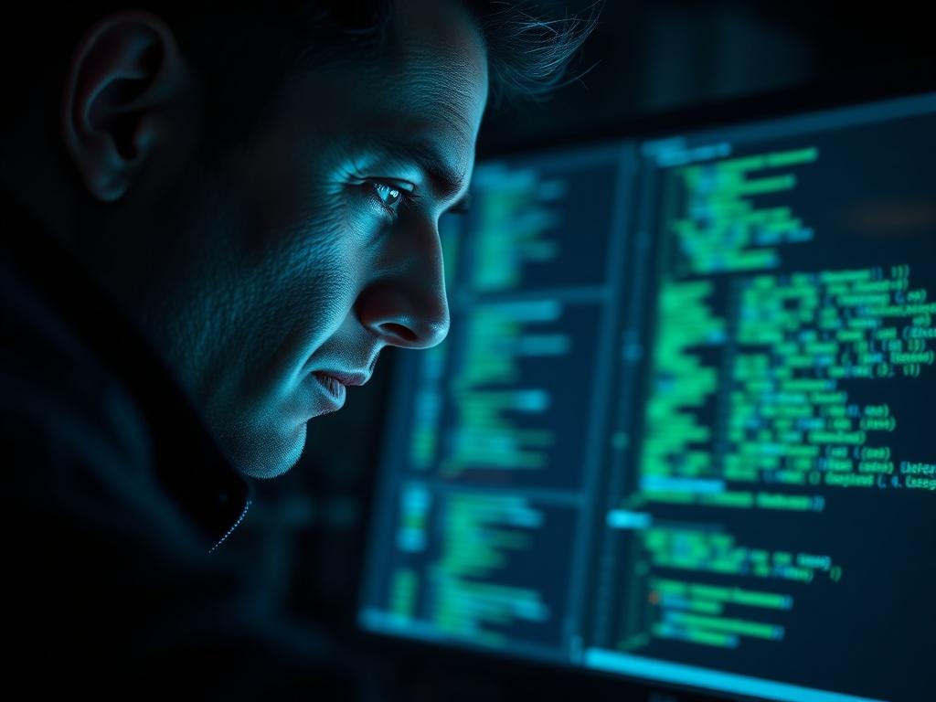 A close-up shot of a cyber security professional focused on a computer screen displaying complex coding and Darkweb interfaces. The background should be dark and atmospheric, emphasizing a sense of secrecy and depth, with a subtle green glow from the screen reflecting on the subject's face. The image should convey intensity and expertise, shot with a 45mm f/1.2 lens to highlight the subject clearly against the blurred background.