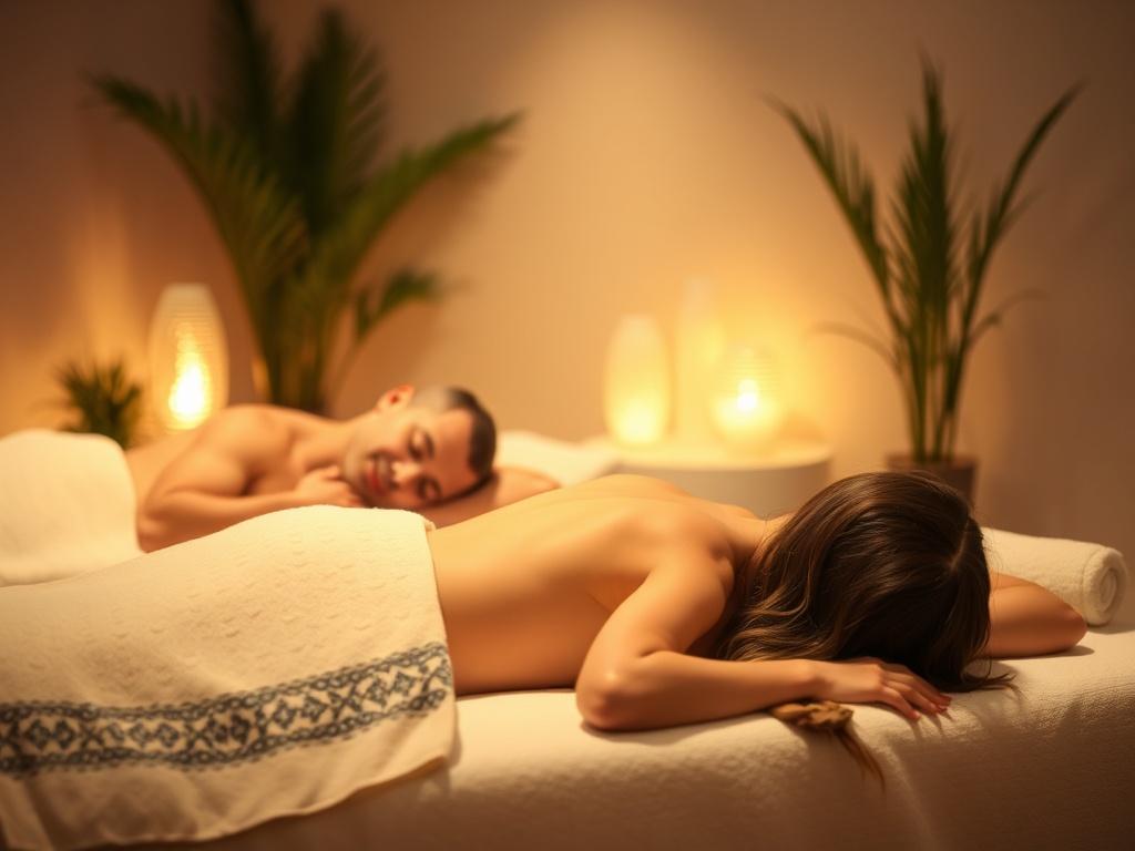 A serene and peaceful setting showcasing a male and female receiving sensual massages, laying on their stomachs on massage tables. The room is softly lit with gentle, warm lighting, creating a calming atmosphere. The background includes soft, neutral-colored walls and decorative plants that enhance the tranquility of the space. The focus is on the two individuals enjoying their massages, highlighting relaxation and comfort.