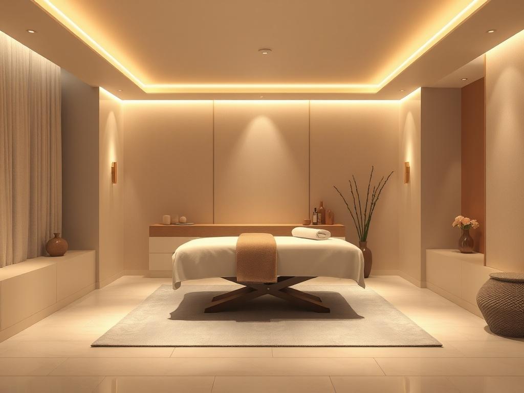 A serene massage room with soft lighting and calming decor,