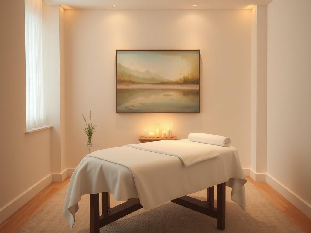 A serene massage room with soft lighting, featuring a massage