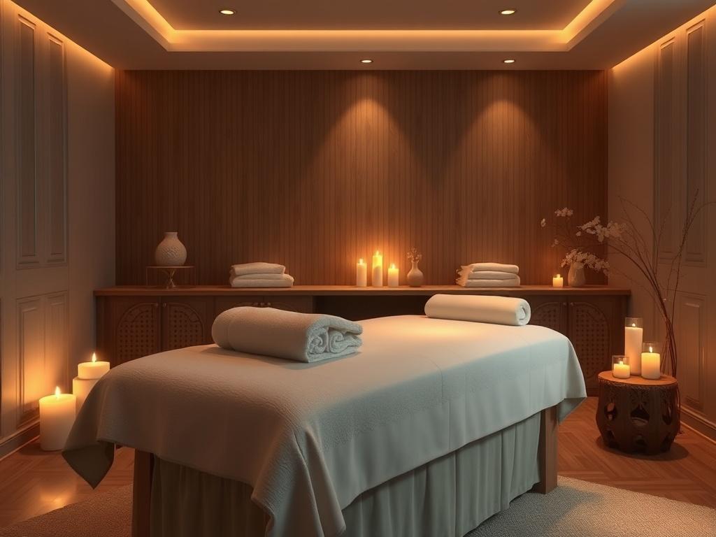 An inviting massage room featuring a comfortable massage table, adorned