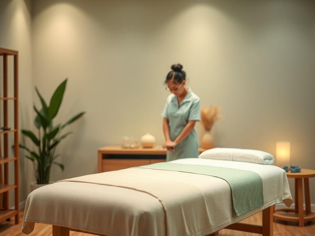 A soothing and serene massage room with a comfortable massage table, soft green and beige tones, gentle lighting creating a peaceful atmosphere. The setting should have plants in the background and a calming decor, emphasizing relaxation and tranquility. The focus should be on a single massage therapist preparing for a session, conveying a sense of professionalism and care.