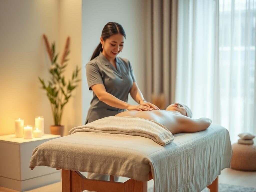 A serene and tranquil massage setting, featuring a comfortable massage
