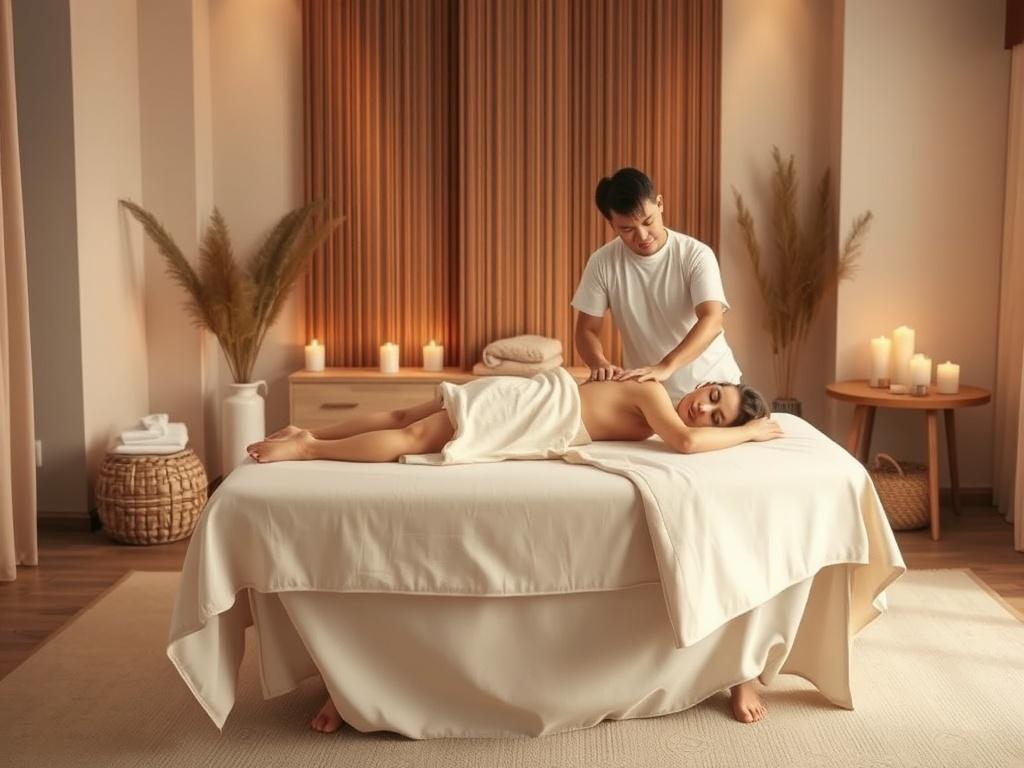 An inviting and peaceful massage therapy room, featuring a massage