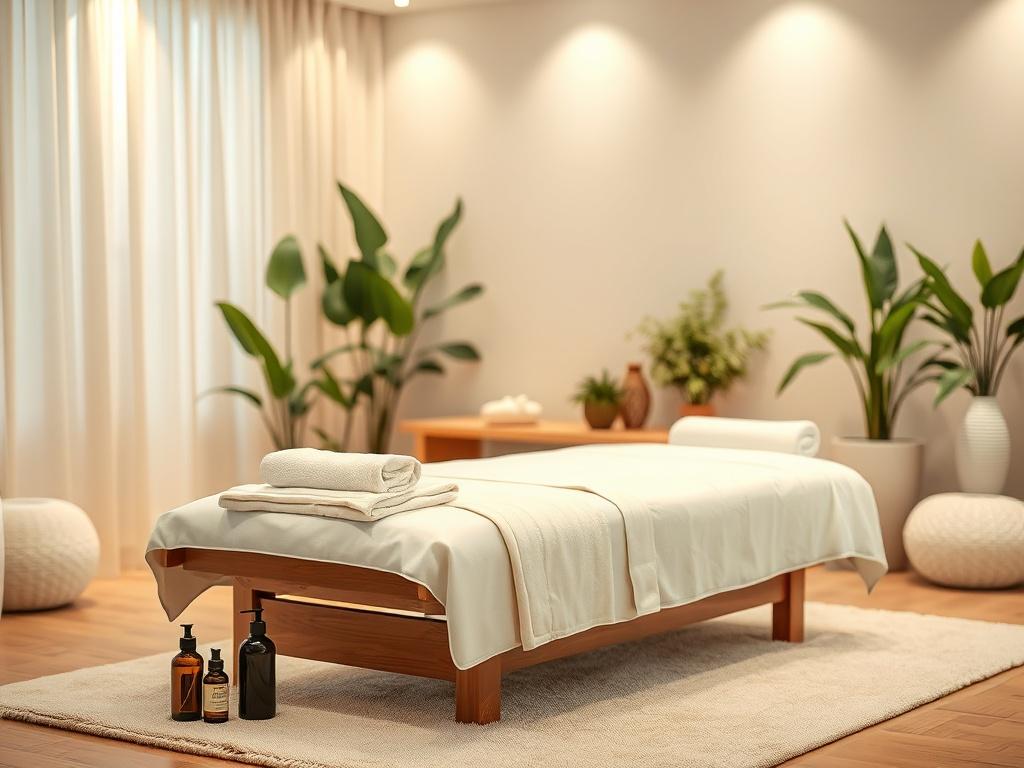 A serene and peaceful massage therapy room with soft lighting and gentle tones. The focus is on a single massage table with a neatly arranged towel and aromatic oils nearby. The background features calming decor, such as plants and soft textures, creating a tranquil atmosphere. The overall color palette should include soft greens, beige, and white to evoke relaxation and comfort.
