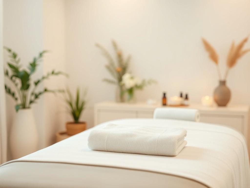 A serene massage room setting with soft lighting and calming colors. The focus is on a massage table with a neatly arranged towel and soothing essential oils nearby. The background should feature gentle, nature-inspired decorations, like plants or soft textures, creating a peaceful atmosphere. The overall color palette should include soft tones, with an emphasis on greens, beiges, and whites, to reflect a tranquil environment.