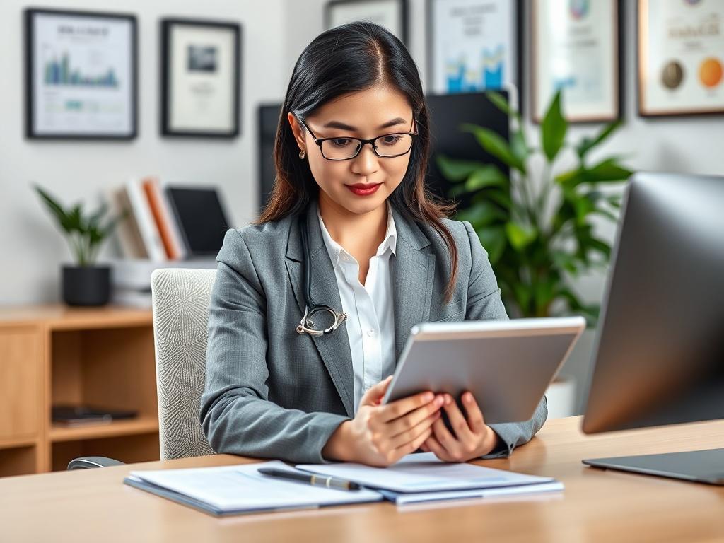 **AI Image Generation Prompt:**

Create a realistic high-resolution photo of a confident healthcare administrator sitting at a modern, well-organized desk in a bright, professional office environment. The administrator should be a mid-30s female, of Asian descent, wearing smart casual attire. She is intently reviewing a digital tablet, displaying graphs and charts related to healthcare staffing. The mood should convey focus and productivity, emphasizing her role in finding qualified healthcare admin staff e