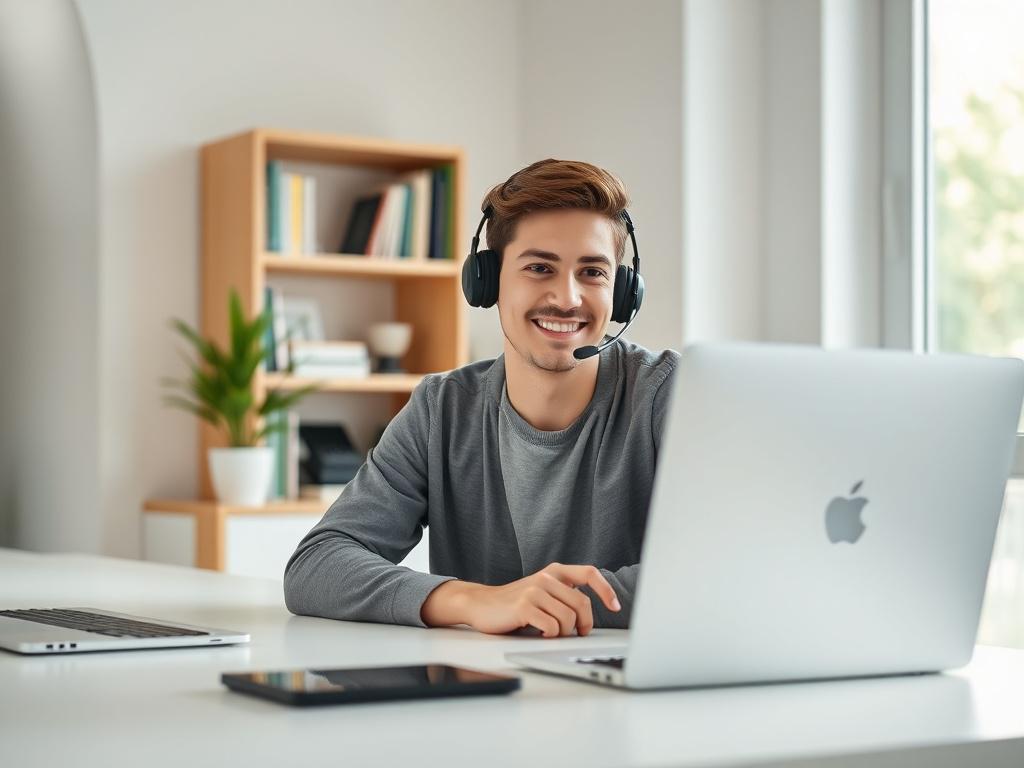 Create a realistic high-resolution photo of a focused, professional remote worker seated at a clean, modern desk in a well-lit home office environment. The subject should be a young adult, engaged in a video call with a headset, demonstrating concentration and effective communication. The individual should be looking directly at the screen with a slight smile, portraying a sense of confidence and professionalism.

In the background, include subtle elements that signify a productive workspace, such as a neat