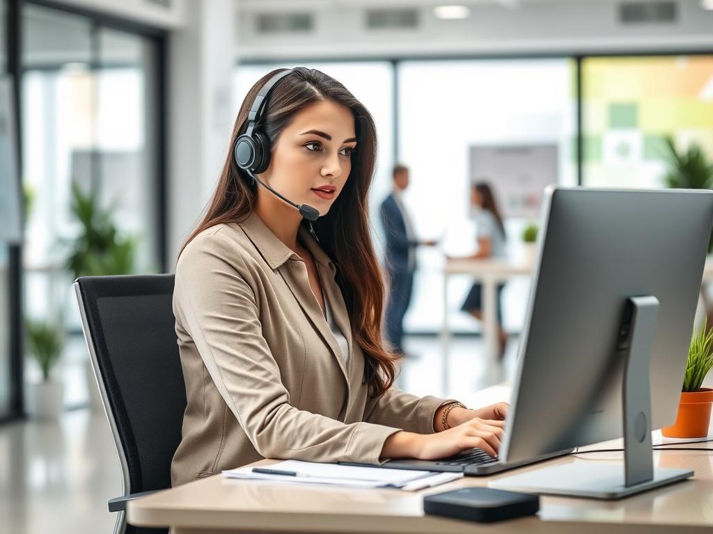 **AI Image Generation Prompt:**

Create a realistic high-resolution photo featuring a focused young woman in a modern office environment, representing the concept of temporary administrative staff. She is sitting at a sleek, contemporary desk, wearing a professional outfit with a headset, actively engaging in a video call on her computer. The office is well-lit, adorned with a few potted plants and minimalistic decor, reinforcing a clean and efficient workspace. The background should hint at a collaborative