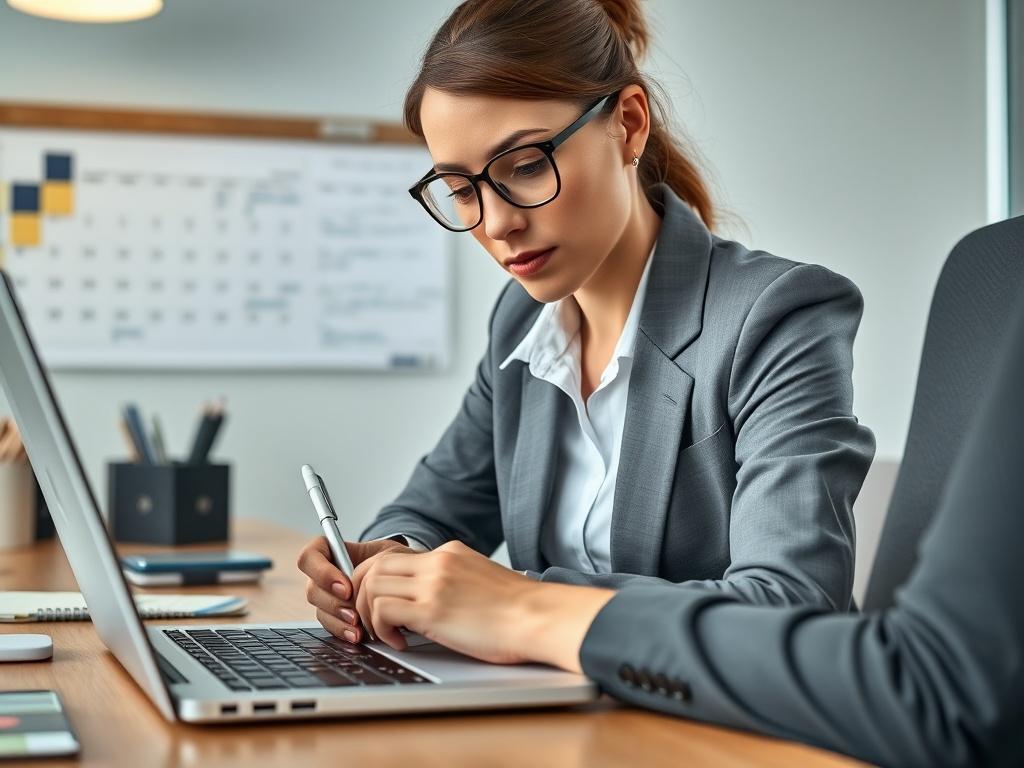 A close-up shot of an administrative assistant taking notes on a laptop during a video conference call. The assistant is dressed professionally, with a focused expression. The background features a tidy office space with a calendar and stationery, emphasizing a productive environment.