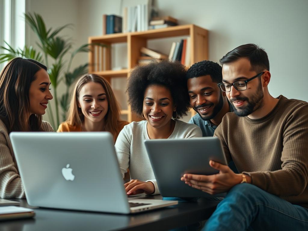 A close-up shot of a diverse group of remote workers collaborating over a video call on their laptops. The scene captures their focus and engagement in a modern, well-lit home office environment with soft colors. The background should feature a stylish bookshelf and a plant, creating a warm and inviting atmosphere.