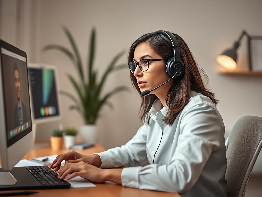 Create a highly realistic high-resolution photo that captures the essence of remote staffing. The composition should be simple and clear, featuring a focused shot of a professional remote worker at a well-organized desk. The subject should be a call center representative wearing a headset, confidently engaged in a conversation, with a focused expression on their face. 

The background should depict a modern home office setting, tastefully decorated with elements such as a computer screen displaying a call i