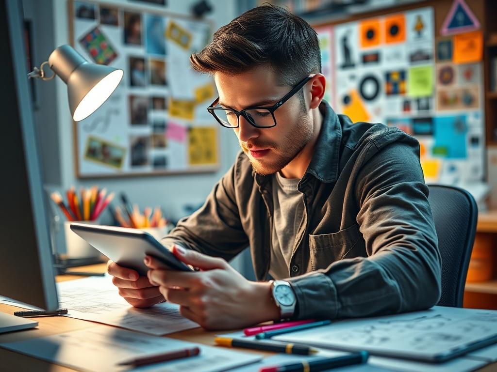 A close-up shot of a graphic designer working diligently at their desk, surrounded by sketches and a digital tablet. The lighting highlights the designer's thoughtful expression. The background includes vibrant art supplies and a mood board, conveying a creative workspace.