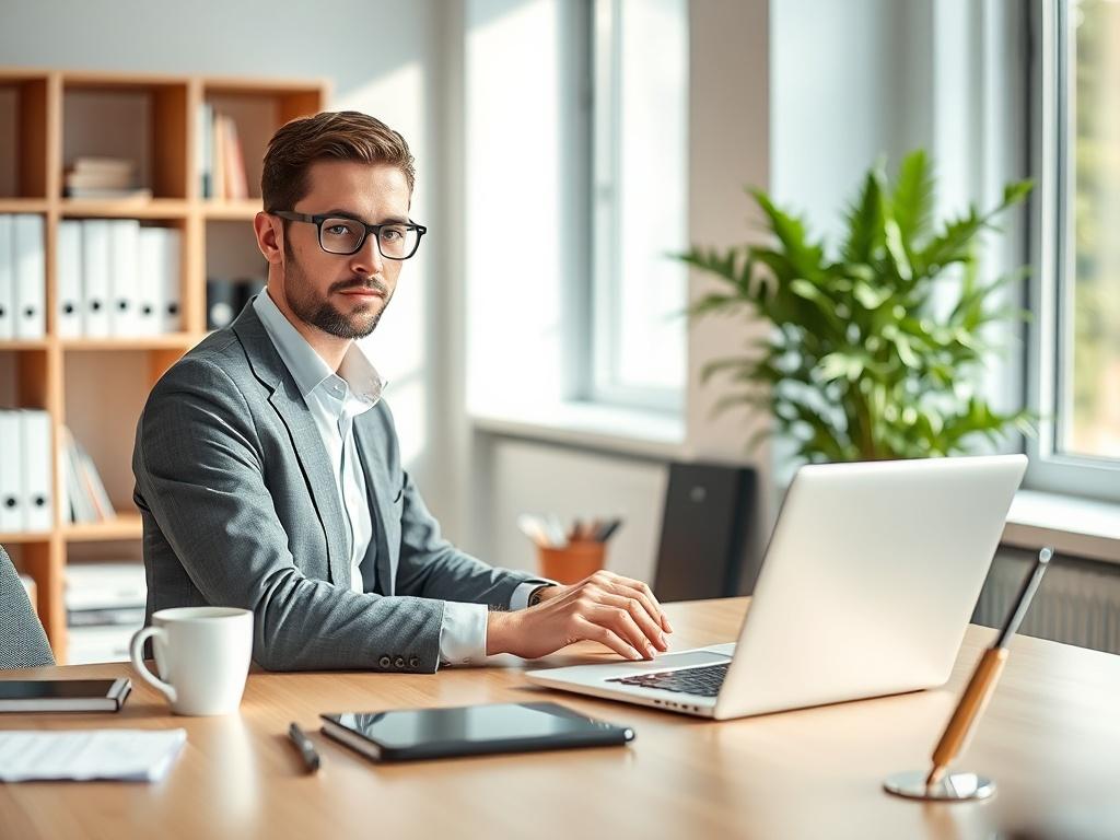 Create a highly realistic high-resolution photo that exemplifies the theme of flexible staffing solutions in a professional environment. The composition should be simple and clear, featuring a single subject: a confident, focused individual working at a modern desk setup. This person should be depicted in a bright, well-lit office space, wearing business casual attire, and engaged in a virtual meeting on their laptop. 

The background should include subtle elements that suggest a professional atmosphere, su