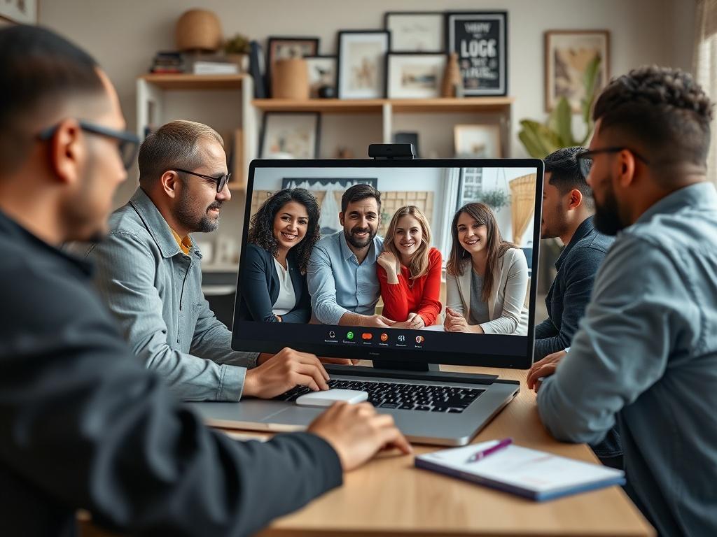 A close-up shot of a remote team meeting via video call on a laptop, showcasing diverse professionals engaged in discussion. The background should include elements of a home office, highlighting the remote work environment, with personal touches like family photos or artwork.