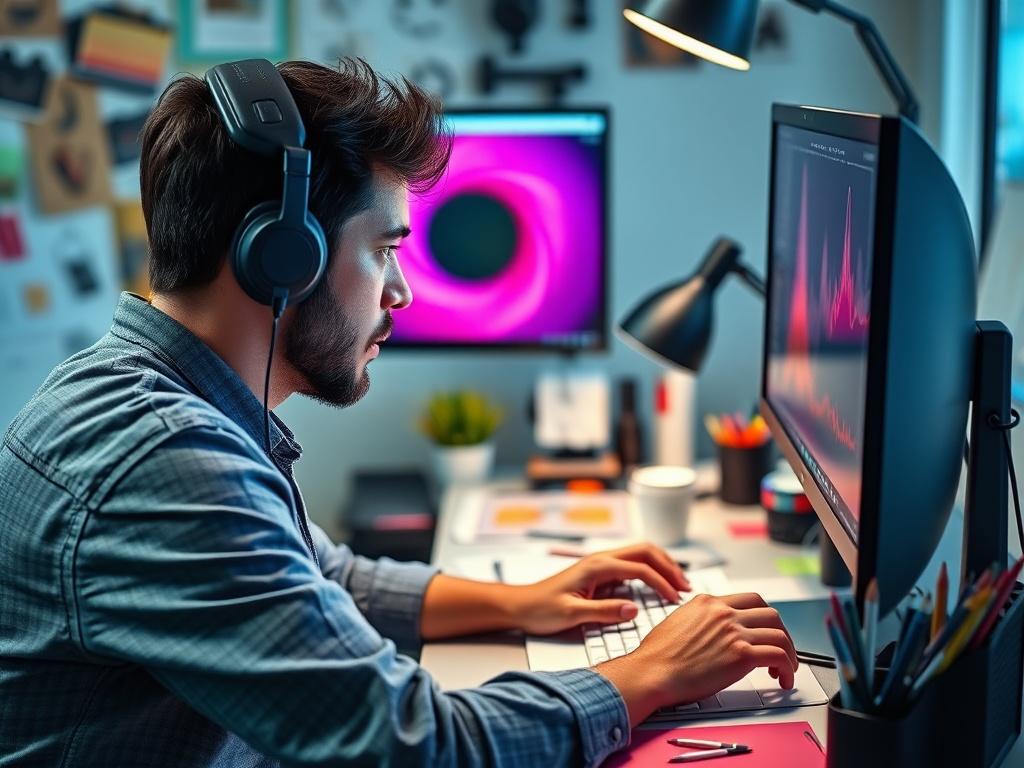 A hyper-realistic close-up shot of a graphic designer working intently at their desk, with a computer screen displaying vibrant design software. The workspace should be creative yet organized, featuring design tools and colorful materials, reflecting a professional design environment.