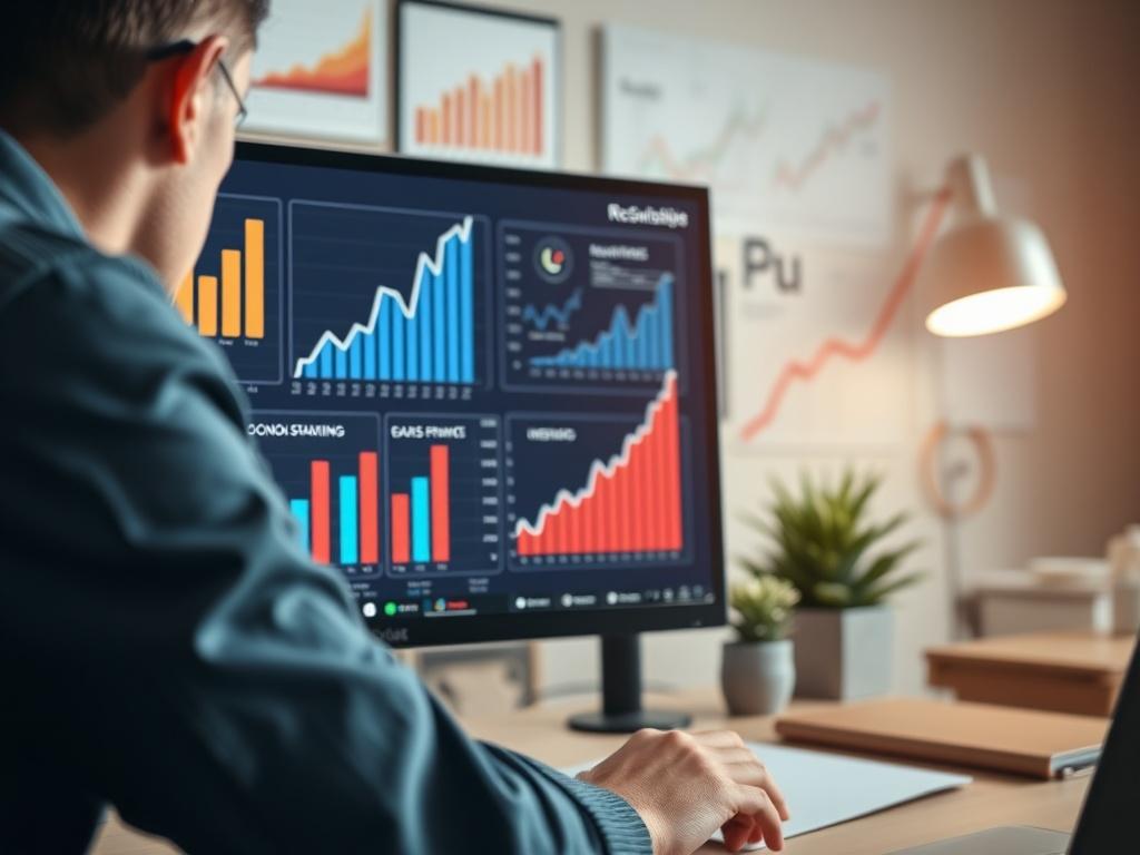 A close-up shot of a remote worker surrounded by charts and graphs on a computer screen, indicating growth and scalability. The setting should look dynamic and inspiring, with motivational elements in the background, showcasing a professional atmosphere. The image should capture the essence of adaptability and forward-thinking in a business context.
