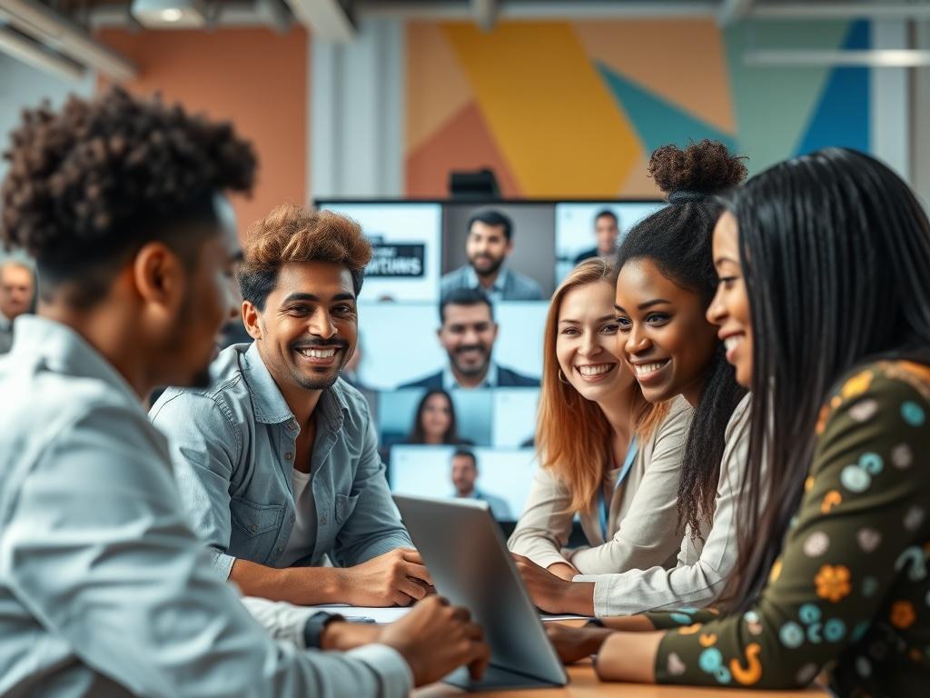 A close-up shot of a diverse group of remote workers collaborating over a video conference call, showcasing various ethnicities and professional roles. The background should show a colorful and modern office space, highlighting elements of teamwork and creativity. The focus should be on the engagement and interaction between team members, emphasizing a sense of collaboration.