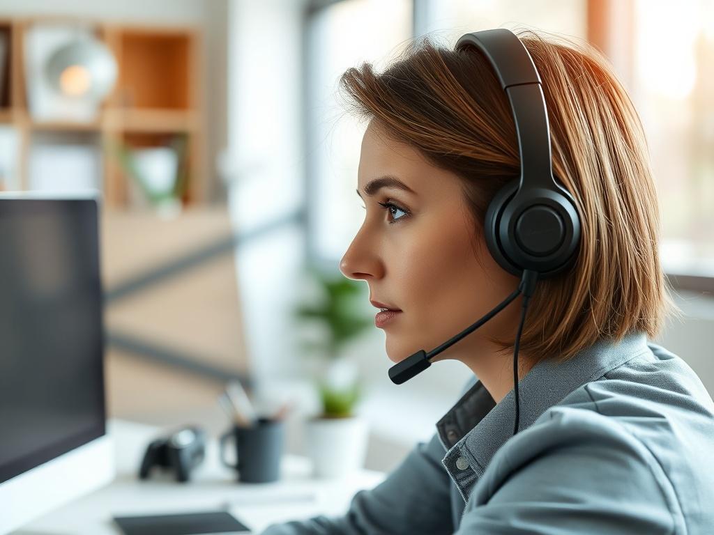 A close-up shot of a professional remote worker wearing a headset, engaged in a call, with a modern workspace in the background. The setting should be bright and welcoming, showcasing elements of productivity like a computer screen and office supplies, with a focus on realistic details. The image should capture the worker's concentration, emphasizing a professional remote working environment.