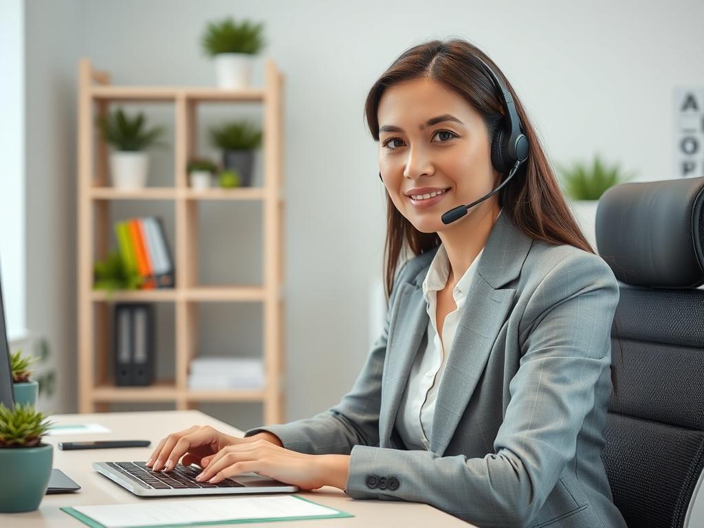 Create a realistic high-resolution photo of a professional-looking individual sitting at a modern desk in a well-lit office environment. The subject should be a mid-30s woman, confidently engaged in a video call, showcasing her expertise as she communicates with clarity. She is wearing business casual attire, with a headset on to emphasize her role in remote staffing. The background should be simple and uncluttered, featuring elements like potted plants and a bookshelf with organizational materials, conveyi