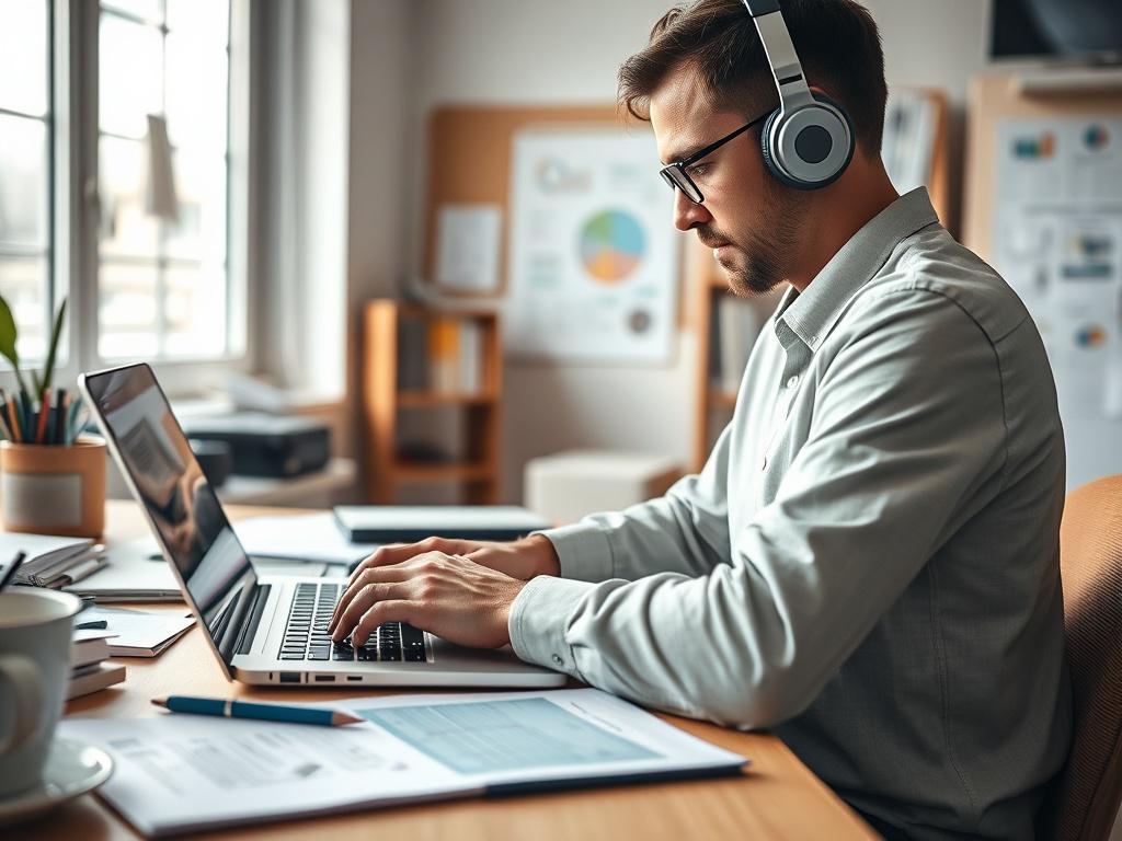 A close-up shot of a remote worker multitasking on a laptop, surrounded by notes and project materials. The setting should reflect a dynamic and adaptable workspace, showcasing the individual’s ability to handle various tasks efficiently. The lighting should be bright, emphasizing productivity.