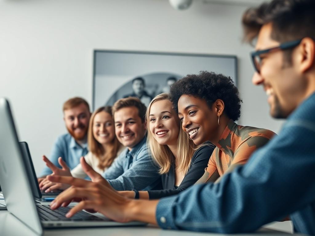 A close-up shot of a group of remote workers collaborating via video call. The scene should convey a sense of teamwork and diversity, with individuals from various backgrounds engaging enthusiastically. The background should be simple yet professional, reflecting a modern remote work environment.