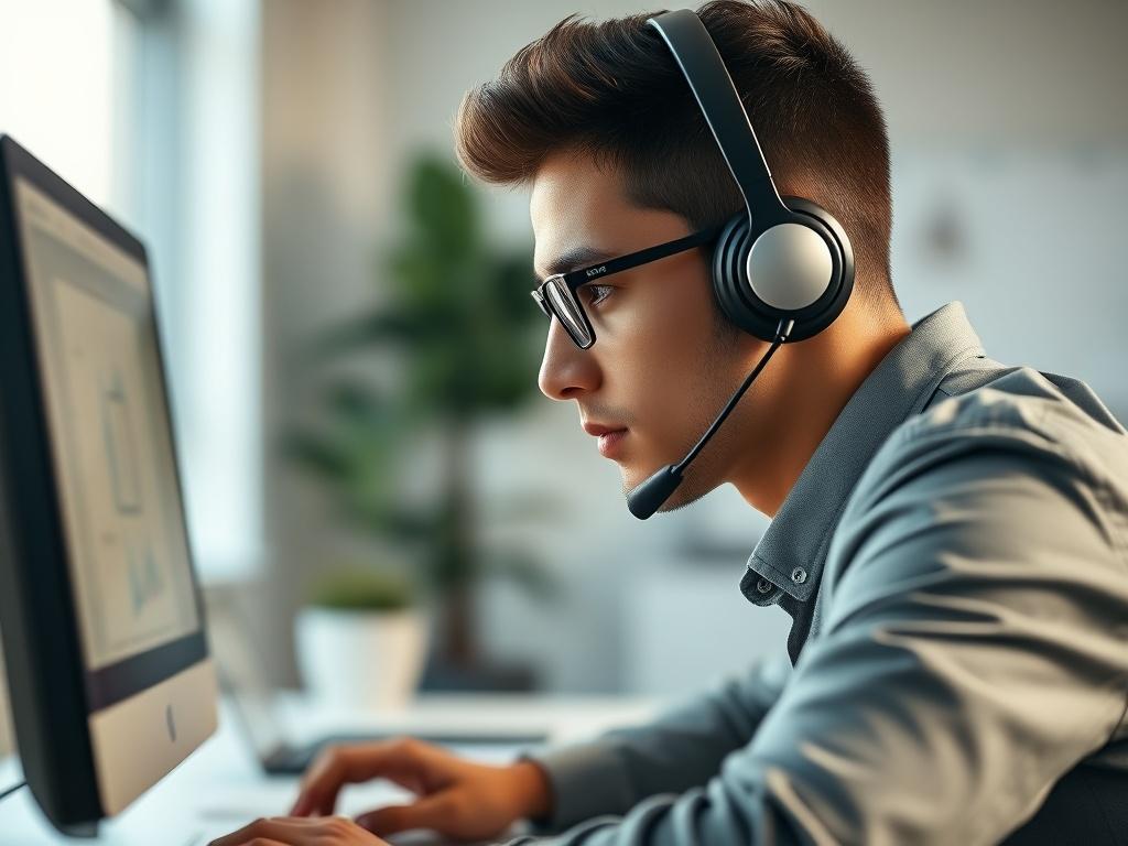 A close-up shot of a focused remote worker at a desk with a headset, looking at a computer screen. The background should be a simple, modern office setting, showcasing a blend of creativity and professionalism. The lighting should be bright and inviting, emphasizing the worker's concentration and dedication.