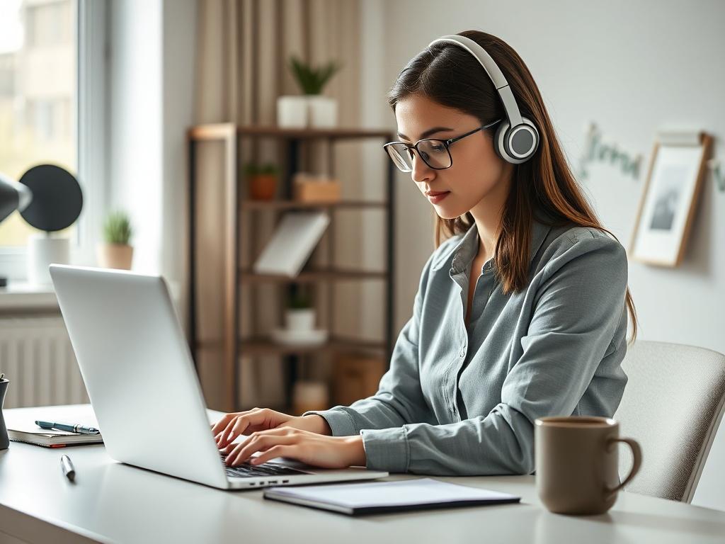 Create a realistic high-resolution photo of a focused HR assistant sitting at a modern desk in a well-lit home office environment. The subject, a young woman with a professional appearance, is wearing a smart casual outfit and using a laptop. She has a headset on, indicating her role in remote communication, and is intently reviewing documents on her screen. The composition should be simple and clear, with the desk neatly organized, featuring a few essential office supplies like a notepad, a pen, and a coff