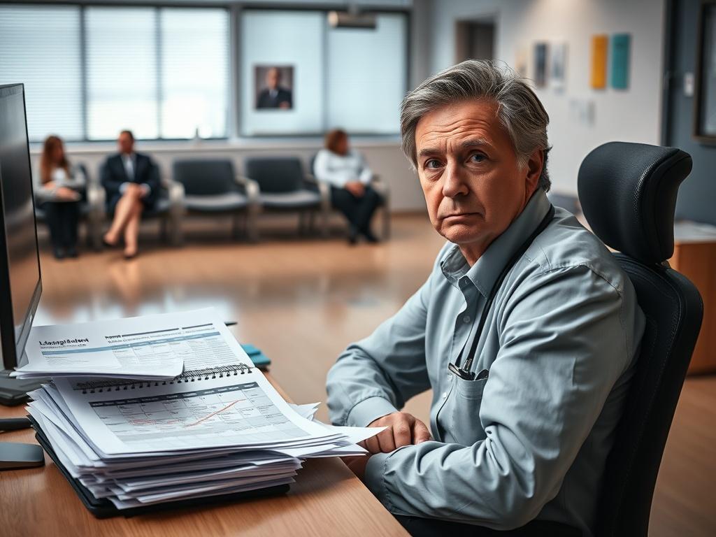 Create a realistic high-resolution photo capturing the essence of the blog titled "What Happens When Healthcare Admin Roles Stay Empty." Focus on a single subject: a concerned healthcare administrator sitting at an empty desk in a clinic. The administrator should be a middle-aged individual, wearing professional attire, with a look of frustration or worry. 

The desk should feature a disorganized stack of papers, an open scheduling calendar displaying crossed-out appointments, and a computer screen showing 
