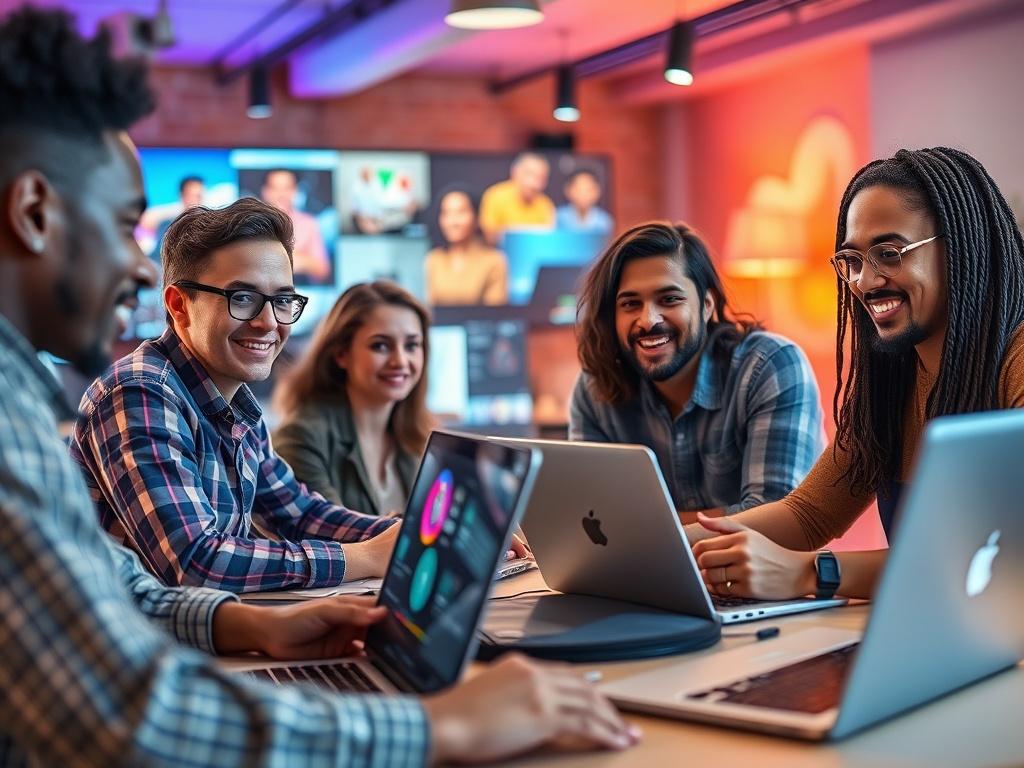 A close-up shot of a diverse group of remote workers collaborating on a creative project via video call, with their laptops open and vibrant visuals in the background. The image captures the essence of teamwork and innovation, with a bright, engaging atmosphere.