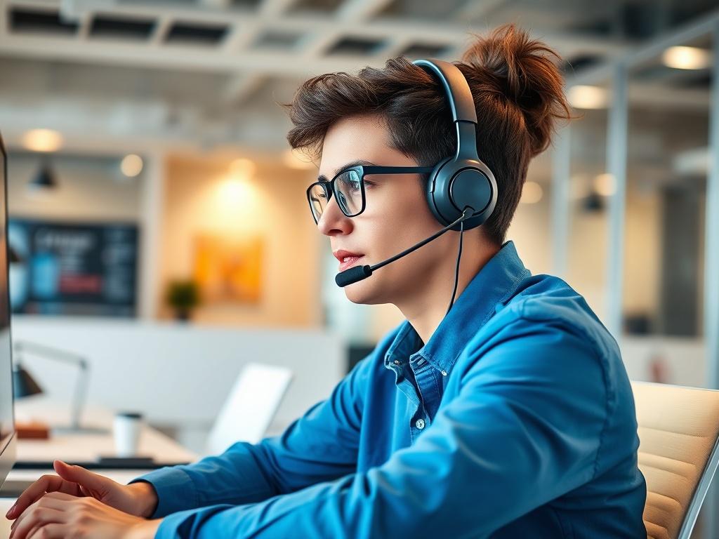 A close-up shot of a focused remote worker wearing a headset, engaged in conversation at their desk, with a modern office environment in the background. The lighting is bright and professional, showcasing a clean workspace. The color theme incorporates shades of blue to align with the brand's primary color.