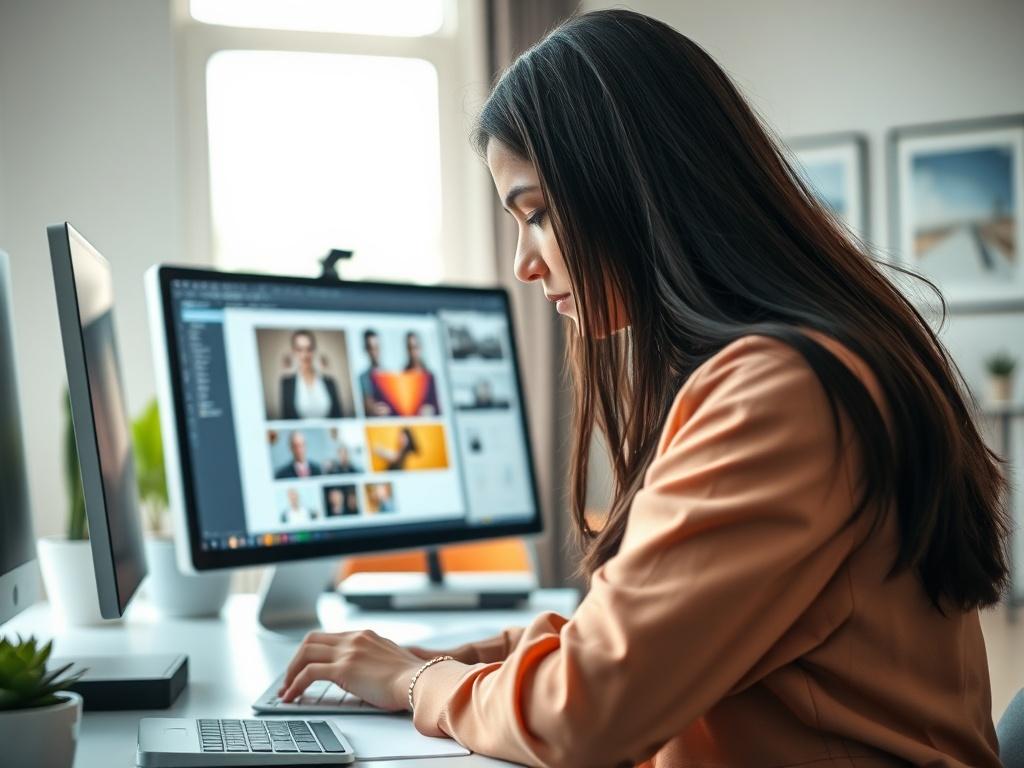 **AI Image Generation Prompt:**

Create a realistic high-resolution photo featuring a professional graphic designer at work in a well-lit, modern office environment. The composition should focus solely on the designer, who is a young woman with long dark hair, intently working at her desk. She should be positioned in the center of the frame, with a sleek computer displaying vibrant design software open in front of her, showcasing colorful graphics or layouts.

The background should consist of a softly blurr