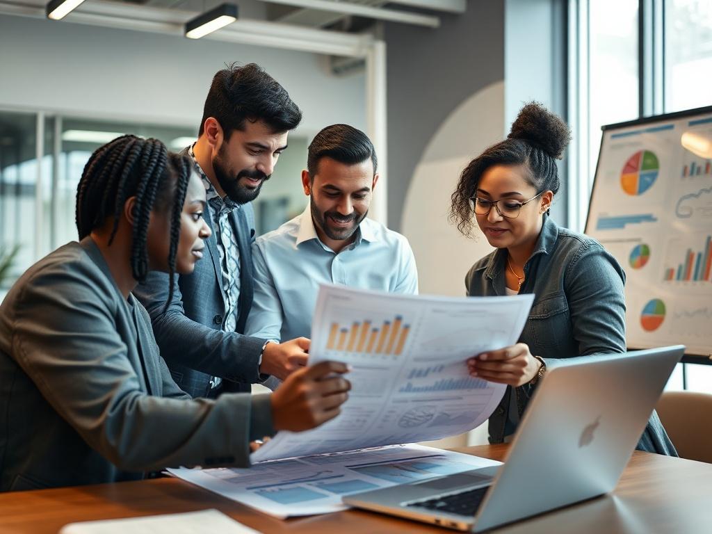 A close-up shot of a diverse team of professionals collaborating over a project plan in a modern office setting. The image captures focused expressions and engaged discussions, emphasizing teamwork and strategic planning. The background features a sleek workspace with laptops, charts, and a whiteboard. The lighting is bright and inviting, creating a productive atmosphere, all rendered in hyper-realistic detail.