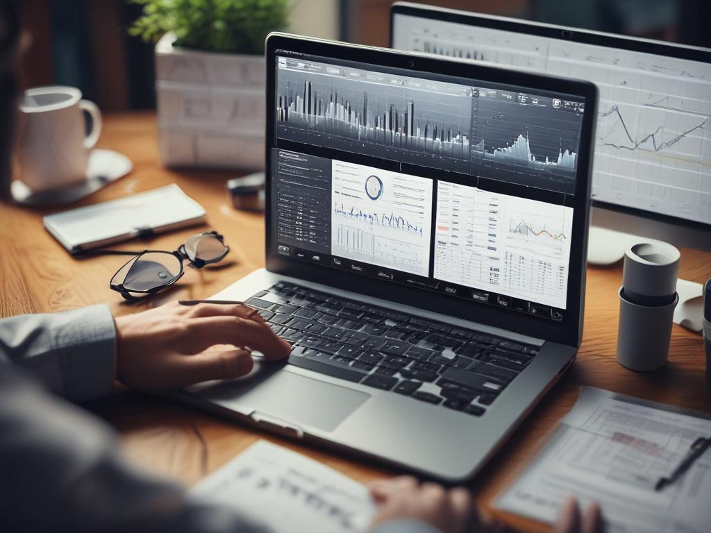 a close-up shot of a professional data analyst working on a laptop, surrounded by various data visualization tools like charts and graphs, with a clear and organized workspace, shot with a 45mm f/1.2 lens style, colors focused around rgb(50, 170, 39)