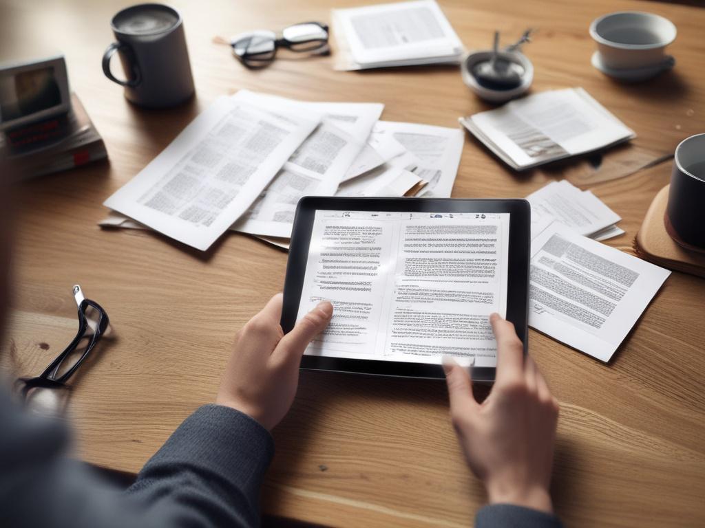 A hyper-realistic close-up shot of a person reading an eBook on a tablet, surrounded by a desk filled with project management artifacts like templates and articles. The background should be softly blurred to emphasize the subject, with warm lighting that creates an inviting atmosphere. The focus should be on the person's engaged expression as they absorb the information, with the desk items subtly arranged to suggest productivity.