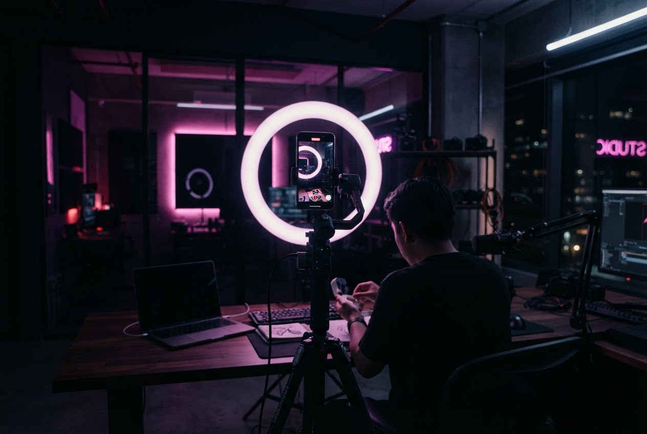 Radley Sphere creative studio setup with neon lighting and vertical video production equipment