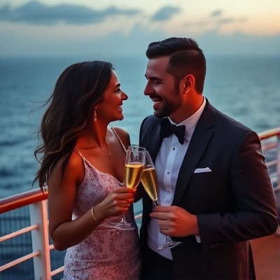 Couple celebrating with champagne on cruise deck
