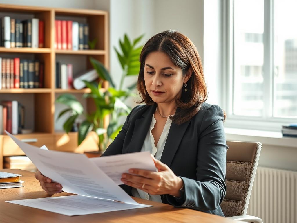 Create a realistic high-resolution photograph featuring a single immigration lawyer seated at a modern desk in a well-lit office environment. The lawyer, a middle-aged Hispanic woman, is reviewing legal documents with a focused expression, showcasing professionalism and dedication. She is dressed in smart attire, conveying authority. 

The background of the image should include a bookshelf filled with law books and immigration guides, alongside a potted plant adding a touch of warmth to the setting. Natural