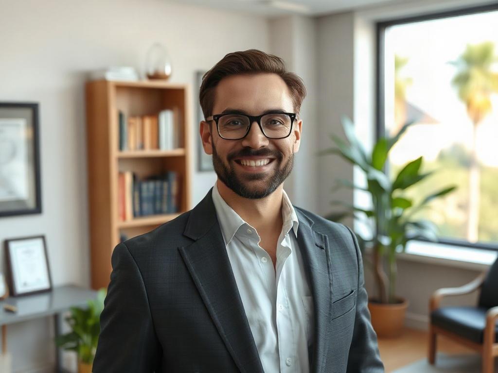 **AI Image Generation Prompt:**

Create a realistic high-resolution photo that captures the essence of choosing the best immigration lawyer. The image should feature a confident, professional immigration lawyer standing in a well-lit, modern office environment, reflecting St. Petersburg, Florida's coastal charm. The lawyer should be dressed in professional attire, preferably a crisp suit, with a warm and welcoming smile, embodying both approachability and expertise.

In the background, include subtle elemen
