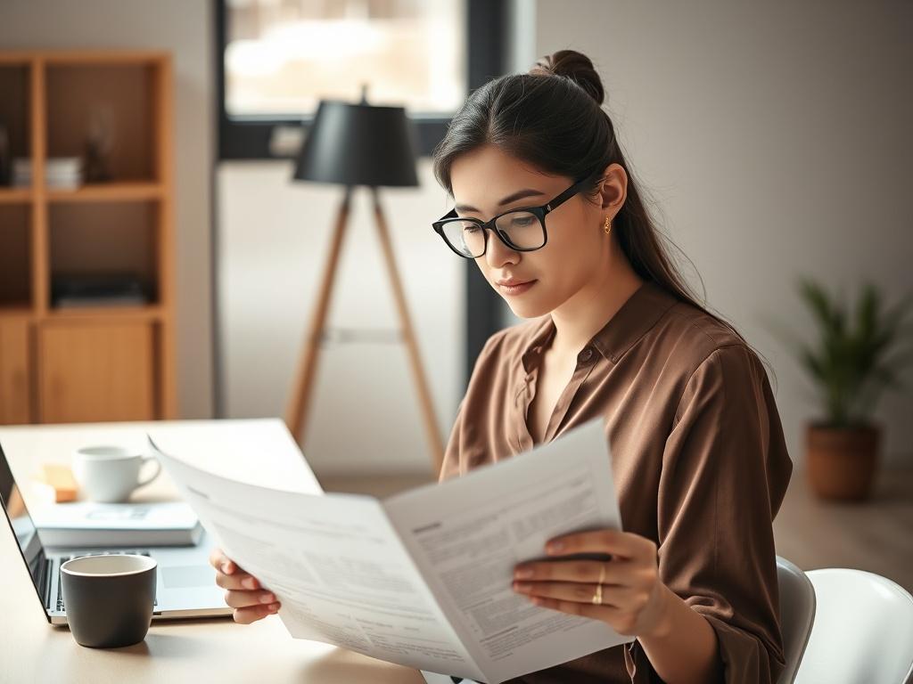 Create a realistic high-resolution image featuring a confident young woman seated at a modern workspace, thoughtfully reviewing immigration paperwork. She has a focused expression, indicating that she is weighing the complexities of her situation. The subject's attire is professional yet approachable, wearing a smart blouse and glasses. 

The background should be minimalistic, with soft natural light streaming in through a nearby window, suggesting a bright and inviting atmosphere, which enhances the clarit