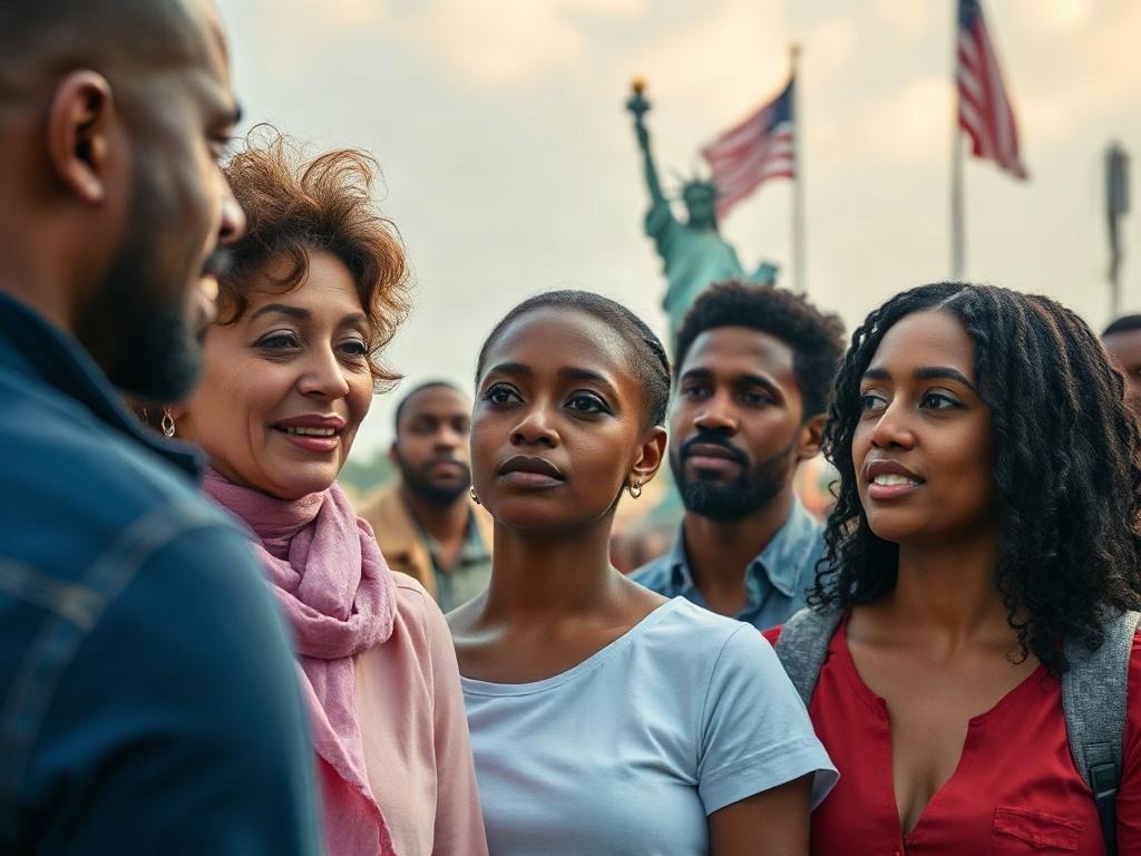 Create a realistic high-resolution photo that captures the essence of USA immigration. Focus solely on a single subject: a diverse group of individuals, representing different ethnic backgrounds, standing together with a look of hope and determination on their faces. The individuals should appear engaged in conversation or sharing a moment of camaraderie, showcasing the human aspect of immigration. 

Compositionally, center the group in the frame for a clear and impactful depiction, ensuring that their expr