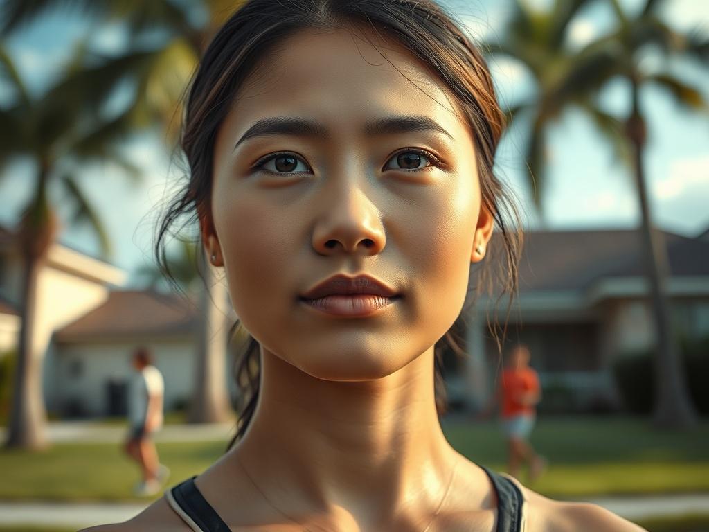 Create a realistic high-resolution photo focusing on a young woman, who is the single subject in the image, exemplifying the theme of family reunification. The woman should appear hopeful and emotional, reflecting the anticipation of bringing her loved ones to the U.S. She should have her face gently illuminated, conveying warmth and sincerity. 

The background should be a softly blurred image of a suburban setting in Florida, featuring palm trees and a sunny sky, symbolizing a welcoming atmosphere. Incorpo