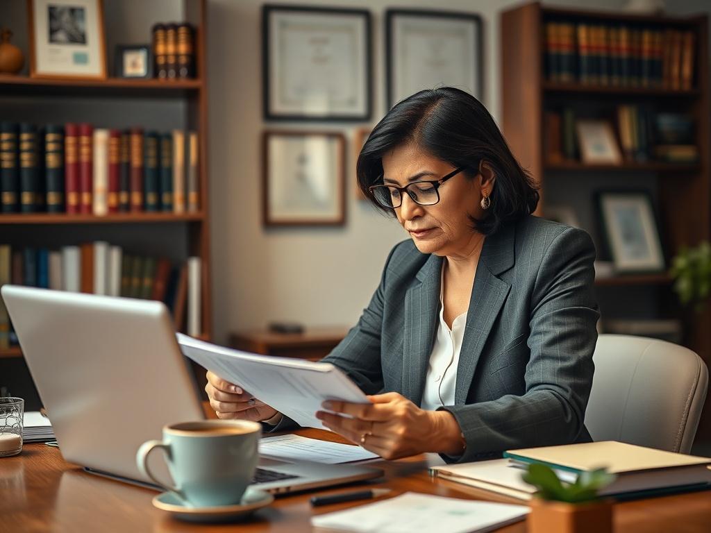 Create a realistic high-resolution photo focused on a single immigration lawyer sitting at a desk, deeply engaged in reviewing legal documents related to the Green Card process. The lawyer, a middle-aged South Asian woman in professional attire, should have a thoughtful expression as she examines a stack of forms and notes. Her workspace should be tidy and well-organized, featuring a laptop open with charts or a calendar displayed, alongside a cup of coffee. 

In the background, include a bookshelf filled w