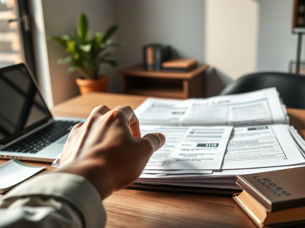 Create a realistic high-resolution photo focusing on a single, well-organized desk. The desk should contain a large, open file with immigration-related paperwork prominently displayed, including visible, neatly arranged documents such as forms and identification. Use a natural lighting source to illuminate the scene, enhancing the details on the papers. The background should be softly blurred to emphasize the subject while suggesting a professional environment, such as a law office.

In the foreground, incl