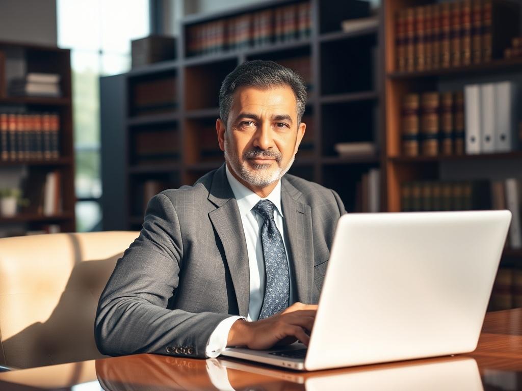 Create a realistic high-resolution photo that reflects the blog titled "Why Zephyrhills Residents Choose Tampa Immigration Law Center." The composition should focus on a single subject: a confident immigration lawyer in a professional office setting. The lawyer, a middle-aged Hispanic man in a tailored suit, should be seated at a sleek desk with a laptop open, displaying an immigration-related document on the screen. 

In the background, include bookshelves filled with legal books and case files, emphasizin