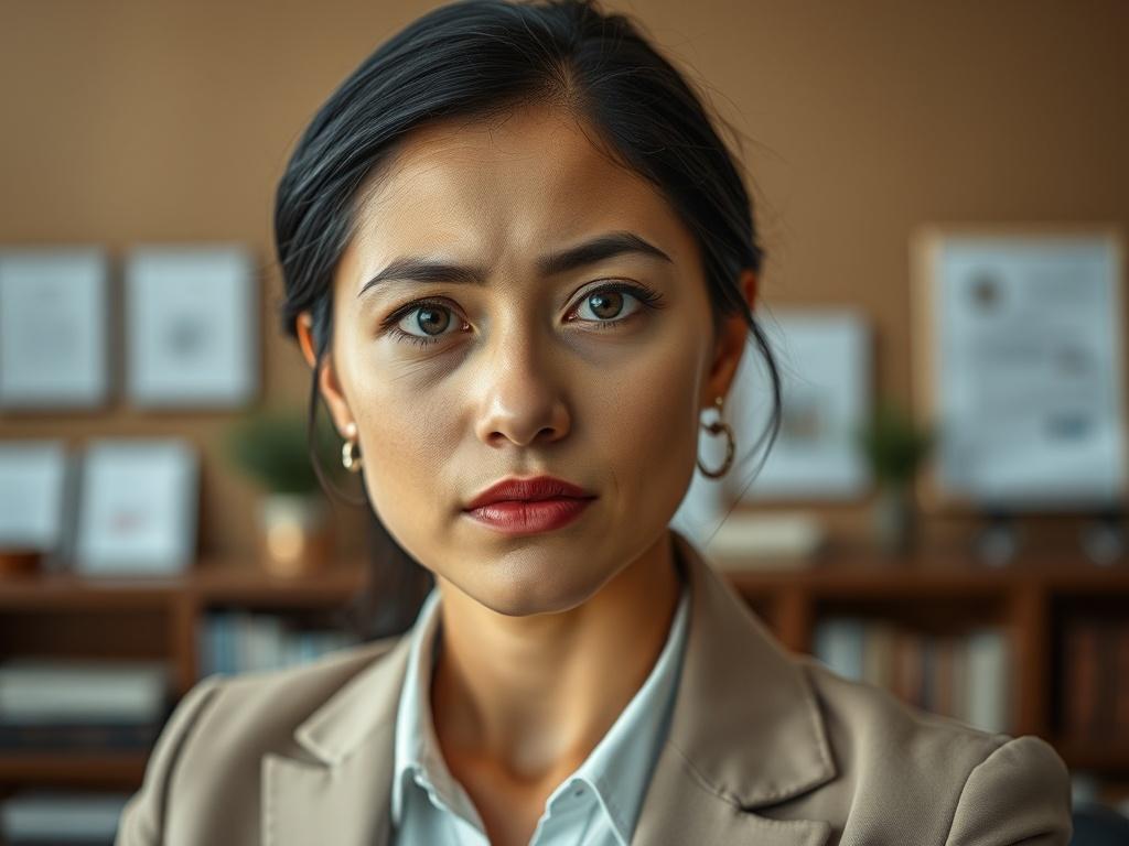 "Create a realistic high-resolution photo featuring a close-up portrait of a concerned woman in her late 20s, looking directly at the camera with a hopeful expression. She has dark hair pulled back, wearing a professional outfit, conveying a sense of resilience and determination. The background should be softly blurred, featuring a warm-toned, welcoming office environment with hints of legal documents and bookshelves that suggest a legal consultation space. This composition should emphasize the subject's em