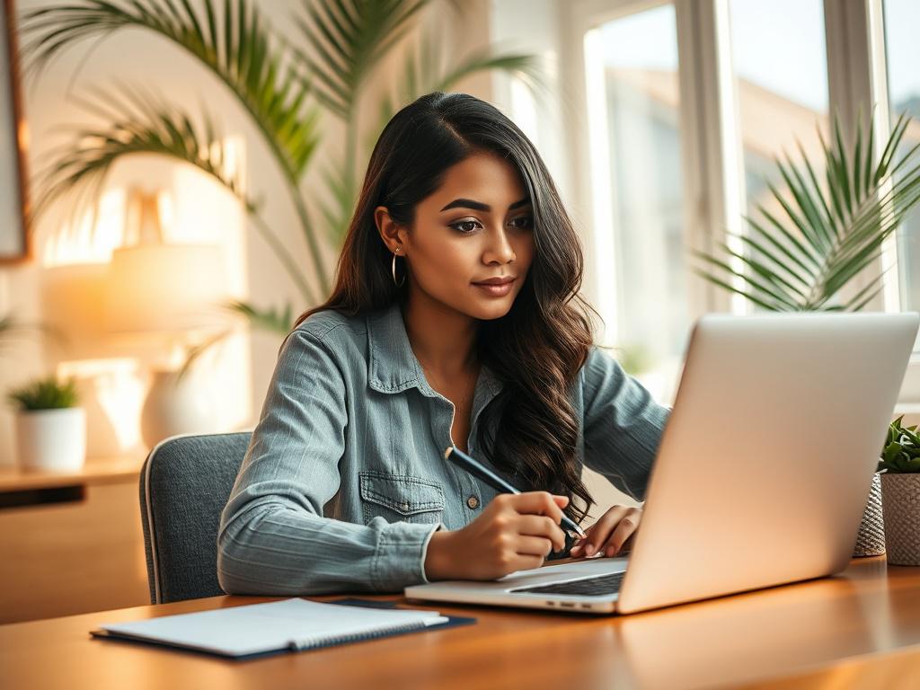 Create a realistic high-resolution photo that encapsulates the essence of the blog titled "Understanding the Fiance Visa Process in Florida: What You Need to Know." The focal subject will be a thoughtful and focused woman in her mid-30s, showcasing a diverse background, seated at a desk with a laptop open in front of her. She is looking intently at the screen as she navigates the fiance visa process. 
The background should be a softly blurred home office environment, subtly decorated with Florida-inspired